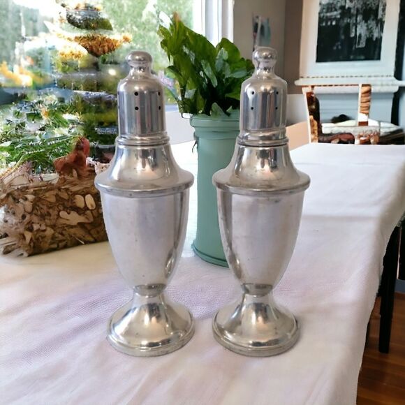 Web Pewter Salt Pepper Shaker Set Amber Glass Lined Weighted Vtg 80s Farmhouse. - Picture 16 of 16